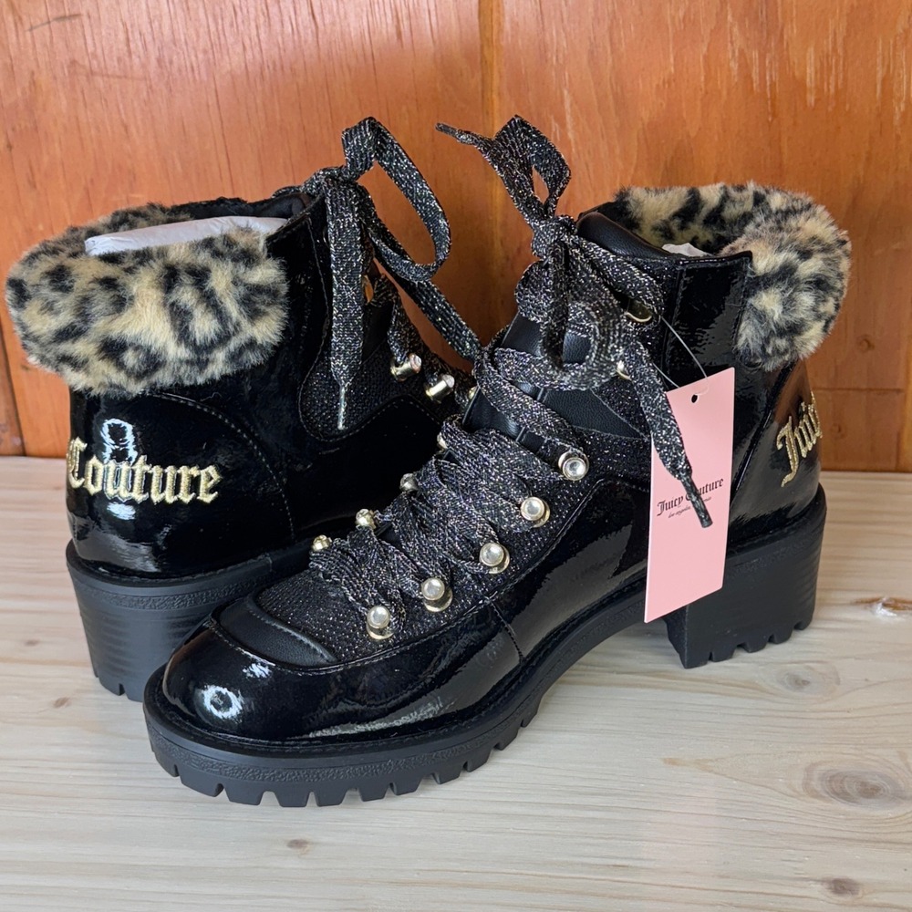 Juicy Couture JC Indulgence Black Leopard Fur Trim Lace Up Combat Boots Size 6.5